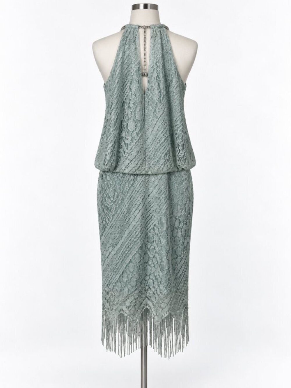 SLNY Metallic Crochet Lace Halter Fringe Dress Flapper Y2K Made in USA - Picture 3 of 7